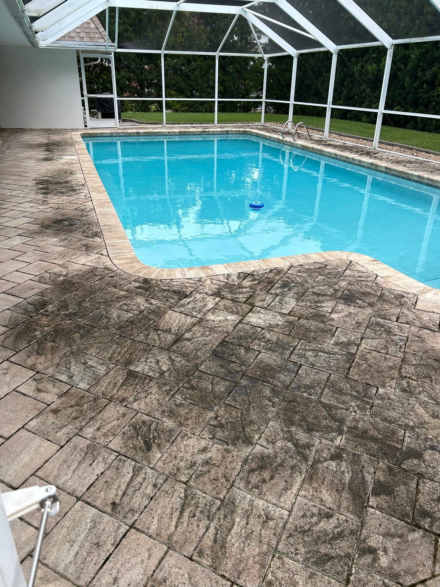 Pool deck mid-wash, wet pavers — paver work by Atlantic Exteriors in Brevard County, FL