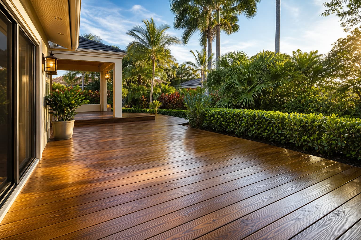 Freshly sealed wood deck on a Brevard County, FL home at golden hour — deck sealing by Atlantic Exteriors