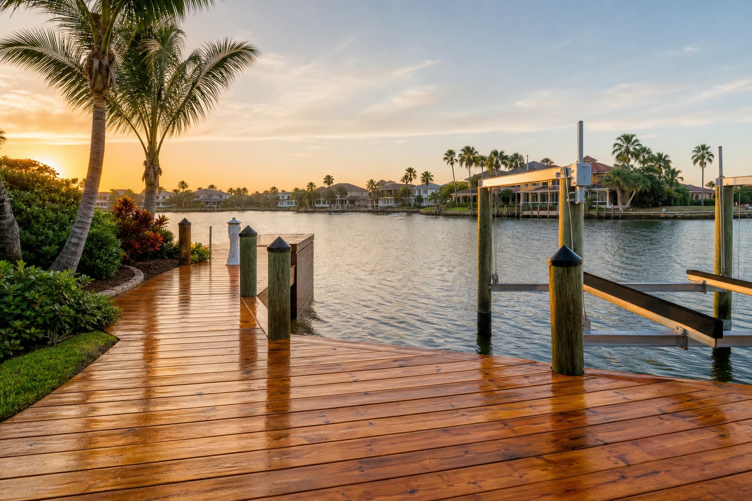 Freshly sealed waterfront wooden boat dock in Brevard County, FL at sunset — dock sealing by Atlantic Exteriors